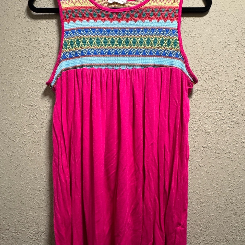 Vibrant Pink Sleeveless Top with Colorful Pattern